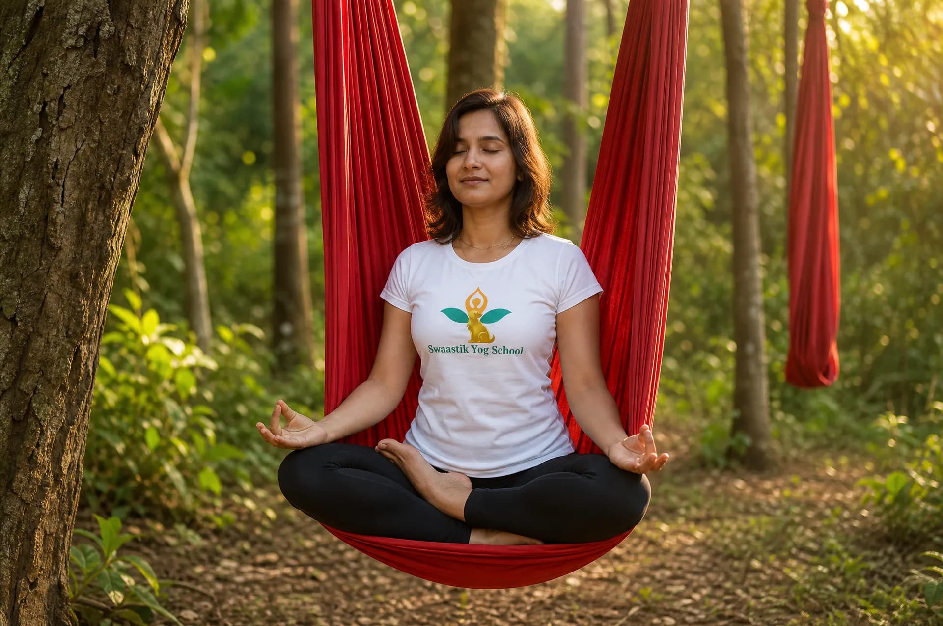 A woman suspended in a soft aerial hammock among trees at Tapovan, Rishikesh