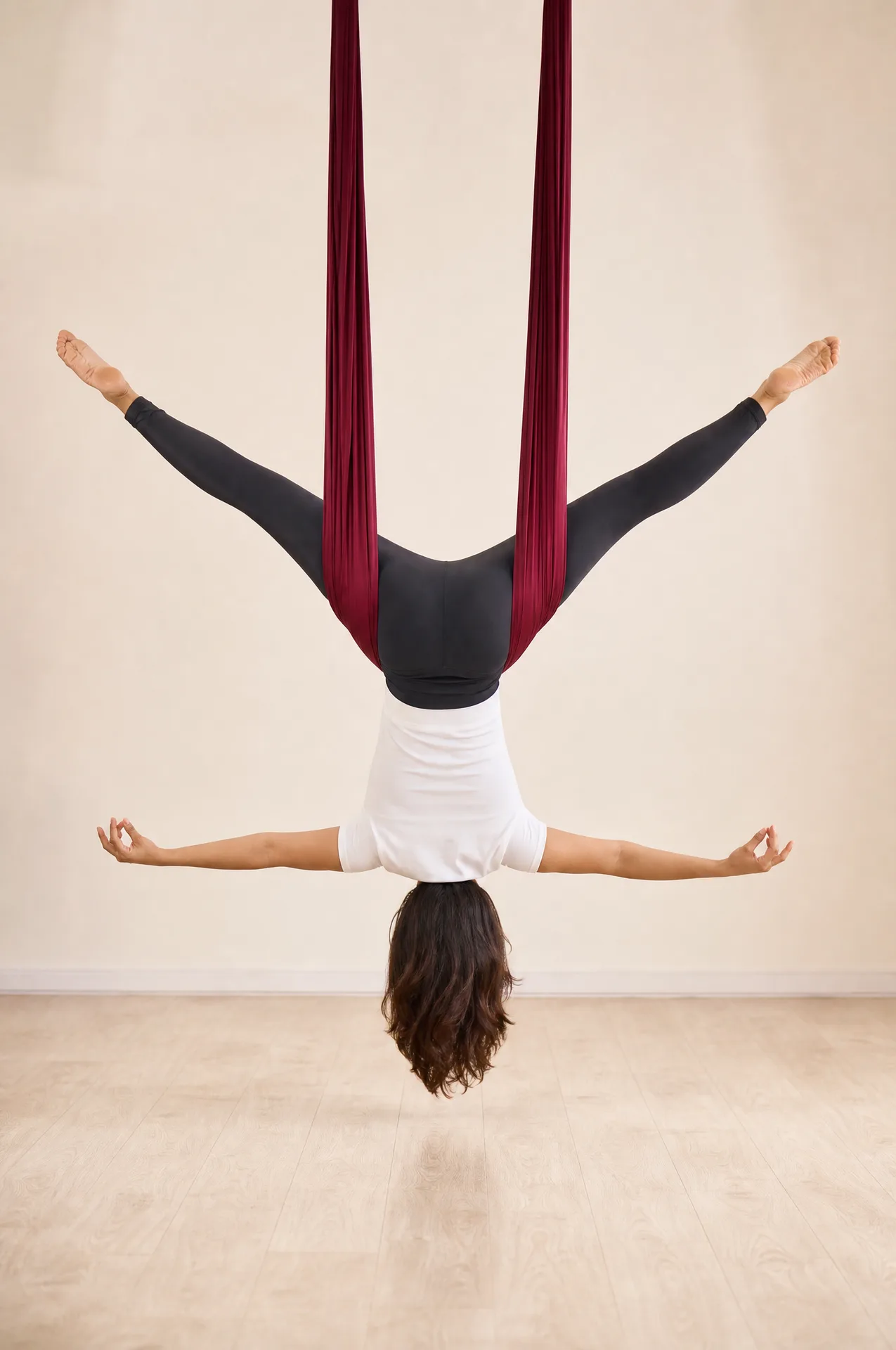 An inverted straddle in the hammock, hands open to the floor