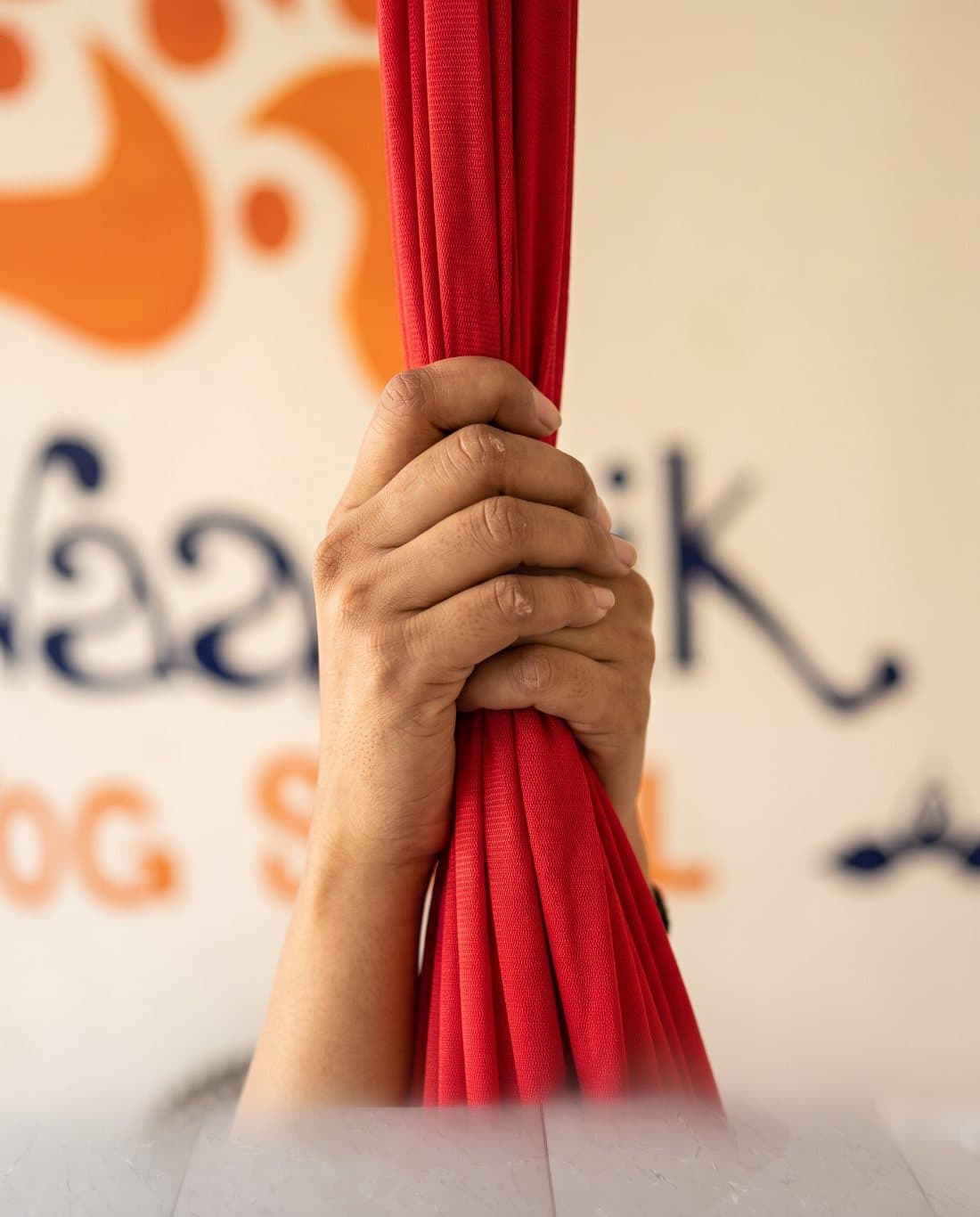 Hands resting in anjali mudra against a length of aerial silk